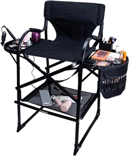 Zusammenklappbarer Make-up-Künstlerstuhl, Aluminium, hoher Regiestuhl, Camping, robuster zusammenklappbarer Barhocker mit Seitentisch, Becherhalter, Aufbewahrungstasche, unterstützt 272 kg Gewicht