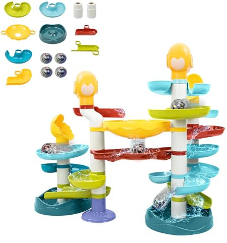 KalaDuck 52PCS Kinder Kugelbahn Spielzeug, 2 in 1 DIY Wasserrutsche Badespielzeug und Ball Drop Ball Rampe Murmelbahn, Interaktive Marble Run Montessori Lernspielzeug Geschenk für Jungen Mädchen 3+