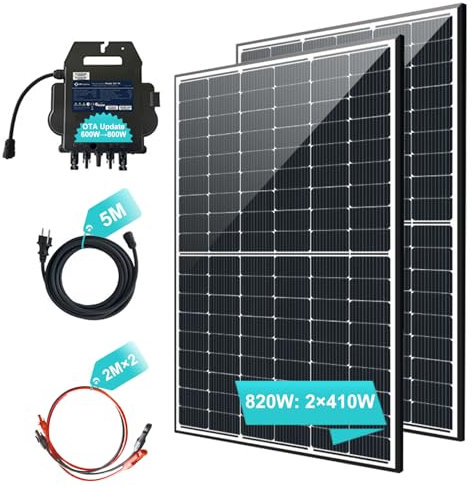 820W Balkonkraftwerk 800W Komplett Steckdose, 2 Solarmodule 410W, Wechselrichter AP Systems upgradebar 600W auf 800W, mit Bluetooth Wifi-Fernüberwachung, 5m Schuko-Kabel, Solaranlage komplettset