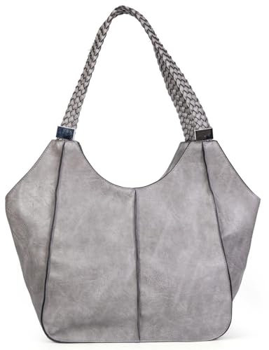 OBC Damen XXL Tasche Schultertasche Shopper Businesstasche Umhängetasche Workbag Henkeltasche Reisetasche FLECHTOPTIK Henkel Leder Optik Hellgrau