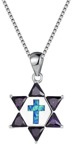 Blauer Opal David Stern Und Kreuz Kruzifix Halskette,Kristalln Feuer Opal Kreuz Anhänger, Hexagramm Halsband Mit Geburts Stein Statement Halskette