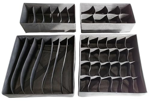 KD Essentials Schubladen-Organizer für Unterwäsche und Krawatten, 4er-Set – faltbare Stoff-Aufbewahrungs-Boxen für den Kleiderschrank, saubere Ordnung für Shorts/Slips, Socken, BHs, grau