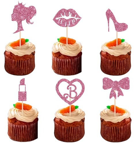 24 Pcs Princess Cake Toppers, Pink Girl Cake Toppers, Glitter Lipstick High Heel Bow Tie Happy Birthday Cupcake, Cake Decoration for Girls, Princess Theme Party, Decoration Supplies
