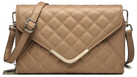 JANSBEN Damen Umhängetasche Klein Leder Gesteppte Tasche Mehrere Fächer Schultertasche Vegan Crossbody Bag Handytasche Reisepass Abendtasche Ausweistaschen mit Kreditkartenfächern(Braun)