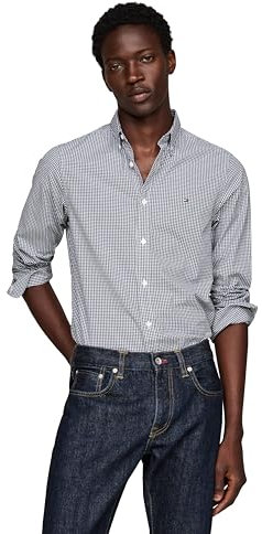 Tommy Hilfiger Long Sleeve Poplin Regular Fit, Men's Button Down Shirts, Also Available in Big and Tall, Carbon Navy/Optic White, Large