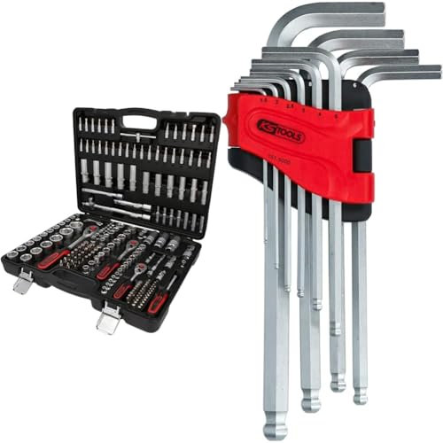 KS TOOLS 917.0779 - Caisse à Outils Complète en Coffret Douille et Accessoires en 1/4, 3/8 et 1/2 & 151.5000 - Jeu de clés mâles coudées - 6 pans creux - Tête sphérique sur la partie longue