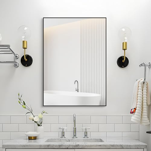 ANYHI Rechteck Wandspiegel für Badezimmer Eingang Schlafzimmer, 28 x 20 Zoll Schwarz Metall Rahmen Spiegel, Moderner schwarzer Badezimmer Spiegel für die Wand, Wand Horizontal/Vertikal Montiert