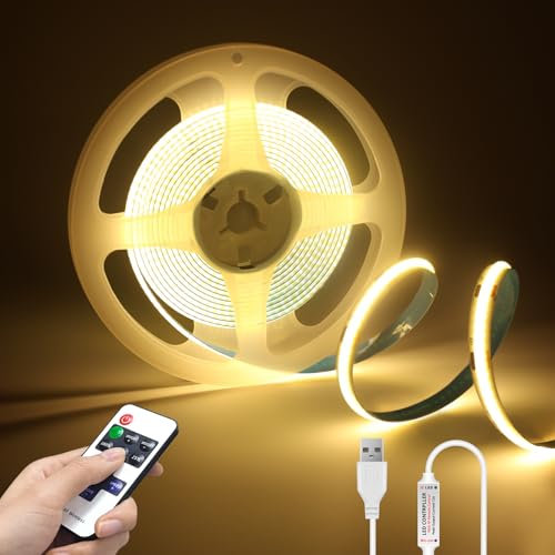 LRGBST 1M Blanc chaud COB LED bandes, DC5V USB Dimmable COB LED bandes avec télécommande Dimmer pour intérieur cuisine chambre salon éclairage