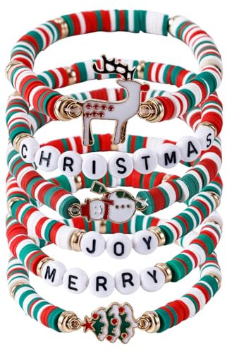 Mikovivi 6 Stück Weihnachtsarmbänder, Stapelbar Weihnachtsarmbänder Festliche Armbänder Rentiere Schneemänner Weihnachtsschmuck Weihnachtsgeschenke für Frauen Kostüm Partygeschenke
