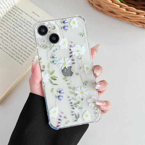 DEFBSC Case for iPhone 13, Cute Clear Floral Flower Pattern Design for Girls Women Slim Fit Shockproof Soft TPU Bumper Protective Cover - White