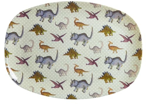 Rice Kinderteller Teller aus Melamin groß rechteckig - graublau - New Dino Print