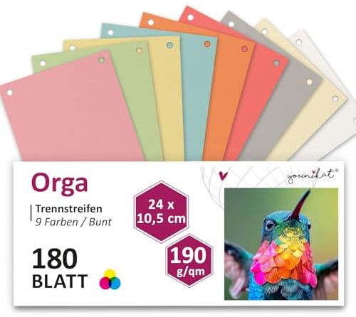younikat 180 Stück Trennstreifen für Ordner A4 bunt - you0064 | 9 Farben je 20x 24x10,5 cm, Trennblätter Sortiersystem schmal, 190 g/qm Karton mit 2-facher Abheftlochung, Größe 24 cm breit
