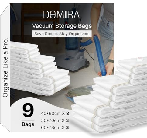 DOMIRA Vacuum Storage Bags – Space Saver Bags For Clothes, Duvets, Travel – Airtight Compression Seal – Reusable, Heavy Duty Vacuum Bags (S/M/L Mix, 9PK)