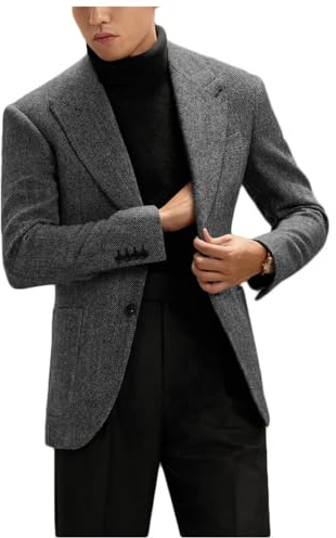 Stillluxury Giacca da uomo in tweed a spina di pesce monopetto con risvolto a punta casual cappotto sportivo per matrimonio aziendale, Grigio scuro, M