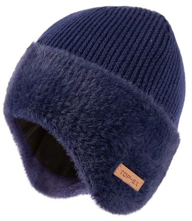 TOP-EX Winter Wollmütze mit Ohrenklappen für Herren Fleecegefüttert Wasserdicht Warm Kältebeständig Thermo Gestrickte Mütze Schnee Draußen Geschenke Große Größe Dunkelblau XL XXL