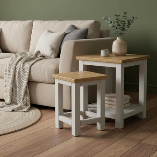 GROFurniture 100% Oak Top Side Table Set of 2, Painted End Table Nightstand for Bedroom or Livingroom, Oak Bedside Table Cashmere Grey, Modern & Farmhouse Style