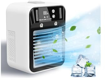 Aire acondicionado portátil, mini aire acondicionado recargable, enfriador de aire evaporativo con 2 velocidades, unidad 2 pulverizadores de aire frío, ventilador de CA de coche con pantalla digital