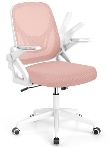 COSTWAY Bürostuhl, Ergonomischer Schreibtischstuhl mit hochklappbaren Armlehnen und Wippfunktion, Computerstuhl mit atmungsaktivem Netzgewebe, höhenverstellbar, 360° Drehstuhl (Rosa)
