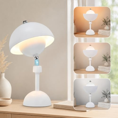 5000 mAh Akku Tischlampe Kabellose, 360° Magnet Schwenk & 3‑Lichtfarben | Lange Akkulaufzeit Pilz Lampe mit Stufenlos Dimmbar und 3 Lichtfarben, Touch Control, Für Outdoor & Innenbereich, Weiß