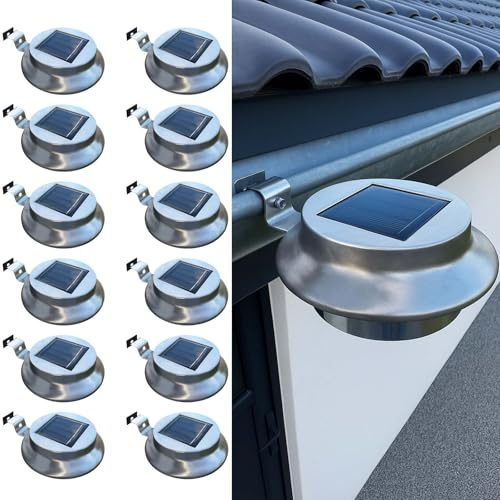 Solar Dachrinnenleuchten 12er Set Edelstahl LED Warmweiß IP44 Außen Garten | BURI Dämmerungssensor, wetterfest, Zaunleuchte, Gartenbeleuchtung, Solarbetrieb, energiesparend, Balkon, Terrasse
