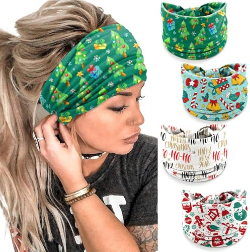 Bandeaux Larges avec Motif Noël pour Femme 4PCS Bandeau noel avec Arc Serre Tete Noel pour Adulte Serre Têtes Thème de noël Bandeaux Larges Femme noël Déguisement Tête De Noel Cadeau pour Adultes