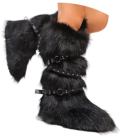 ORANDESIGNE Femme Bottine en Peluche Fourrure Hiver Bottes de Neige Plate Bottines Fourrées Y2K avec Boucle de Ceinture A Noir 42 EU