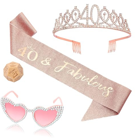 40. Geburtstag Frauen, 40 Geburtstag Frauen Deko, Rosegold 40geburtstags-Krone Schärpe Set, Contains A Pink Heart-Shaped Pair Of Glasses,Holzwürfel,Ideale Geschenk für Friend, Wife, Girlfriend