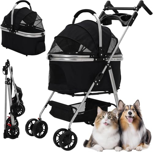 Siairo Hundewagen 3 in 1, Haustiere Buggy für mittelgroße Hunde, Faltbarer Hundebuggy bis 20kg, Haustiere Transportbox, Hundewagen mit abnehmbarem Carrier Autositz und Nahrungsmittelfach