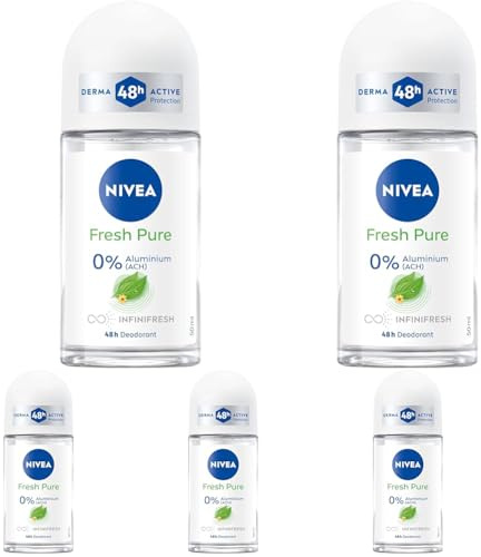 NIVEA Fresh Pure Deo Roll-On, Deodorant ohne Aluminium (ACH) und Ethylalkohol für 48h Schutz und Pflege, Deoroller mit Jasminduft (50 ml) (Packung mit 5)