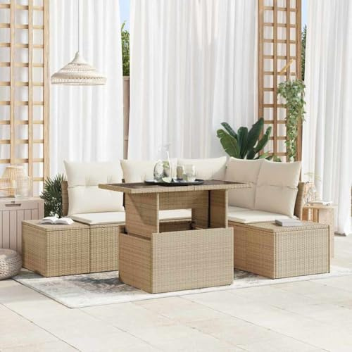 Hoopleep Gartensofa-Set Poly-Rattan 5-TLG, Beige Creme, Modulares Lounge-Möbel für Terrasse, Balkon, Höhenverstellbarer Tisch, Outdoor-Sitzgruppe