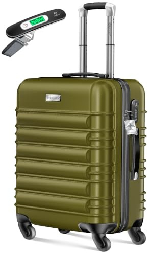 KESSER® Handgepäck Reisekoffer 55L Hartschalen-Koffer Inkl. Kofferwaage + Gepäckanhänger | Trolley Gepäck Rollkoffer Zahlenschloss 4 Rollen ABS-Hartschale Teleskopgriff, 55x40x25cm, Olivgrün