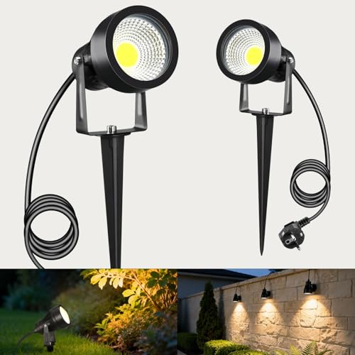 2 Stück Gartenbeleuchtung mit Strom 7W 700LM, Wandmontierbare Gartenleuchten mit Erdspieß, Gartenstrahler LED Außen Wasserdicht IP65, 3000K Pflanzenstrahler für Wände, Gärten, Terrassen, 2,5m Kabel