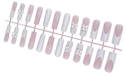 Lot de 24 faux ongles de Noël carrés longs en acrylique avec nœuds 3D blancs à coller