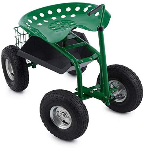 Waldbeck Park Ranger Garden Chair On Wheels, 130 Kg Storage Place, Revolving and Adjustable Seat, Steel, Wide Steerable Rubber Wheels, Practical Storage Space for Garden Tools, Green