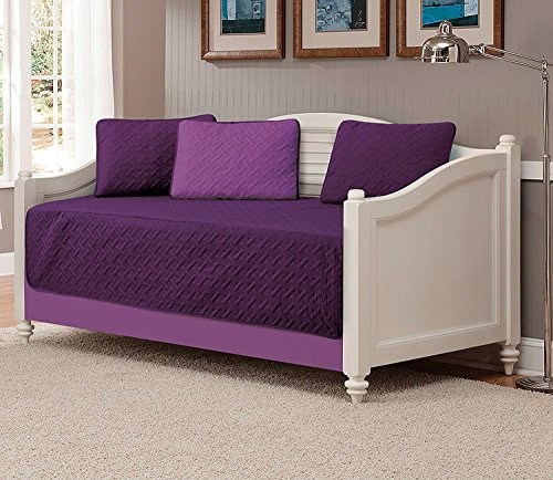 Linen Plus 5-teiliges Tagesbett-Bezug, solide geprägte Tagesdecke, dunkelviolett/hellviolett.