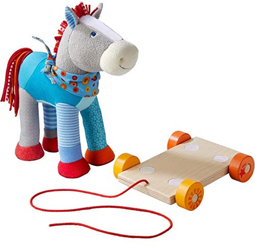 HABA 304142 - Pferd Kunterbunt, farbenfrohes Nachziehspielzeug mit Rollbrett und Kuscheltier, 30 cm, Spielzeug ab 18 Monaten