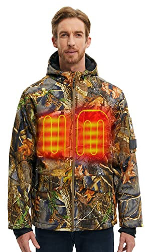 CONQUECO Men's Camo Heated Jacket Waterproof Hunting Hoodie Jacket with Battery Pack