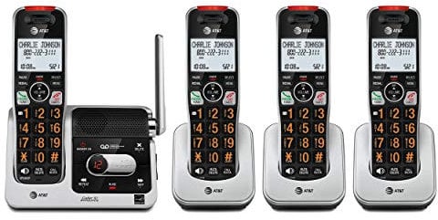 AT&T BL102-4 DECT 6.0 Teléfono inalámbrico de 4 auriculares para el hogar con contestadora, bloqueo de llamadas, anunciador de identificación de llamadas, asistencia de audio, intercomunicador y rango