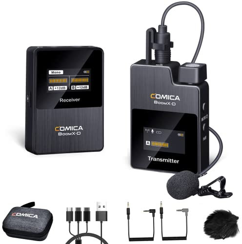 COMICA Microfono Lavalier Wireless, BoomX-D1 2.4GHz Sistema di Microfono Cravatta Wireless con 1 Trasmettitori e 1 Ricevitore, Micro Lav per DSLR Fotocamera/Videocamera/Smartphone Podcast Intervista
