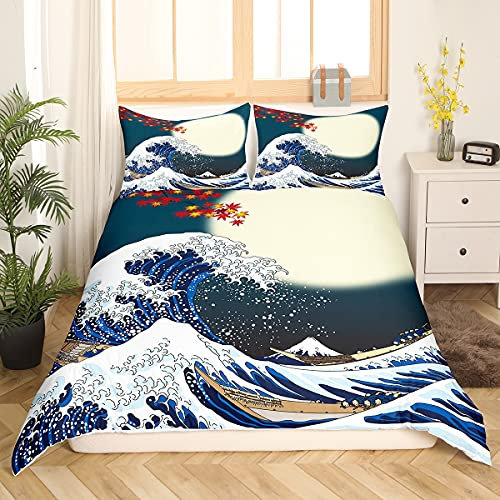Loussiesd Japanisches Hokusai Muster Bett Set Exotisches Bettbezug Set im japanischen Stil Blue Wave Muster Bettwäsche Set 135x200cm für Kinder Frauen Erwachsene Fuji Mountain Gedruckt