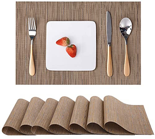 Myir JUN Tischsets Abwaschbar 8er Set, Gewebte Platzdeckchen rutschfest Abgrifffeste Hitzebeständig, Vinyl Platzsets Abwaschbar für küche Speisetisch Hotel, Platz-Matten30x43.5cm (Braun)