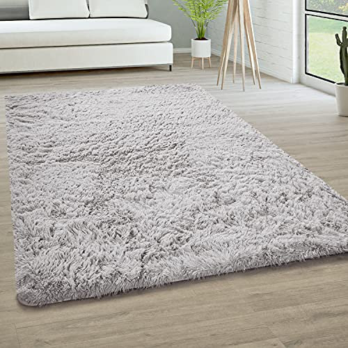 Paco Home Hochflor Teppich Wohnzimmer rutschfest Fellteppich Shaggy Flauschig Weich Modern Kunstfell Fell Imitat Einfarbig, Grösse:80x150 cm, Farbe:Silber