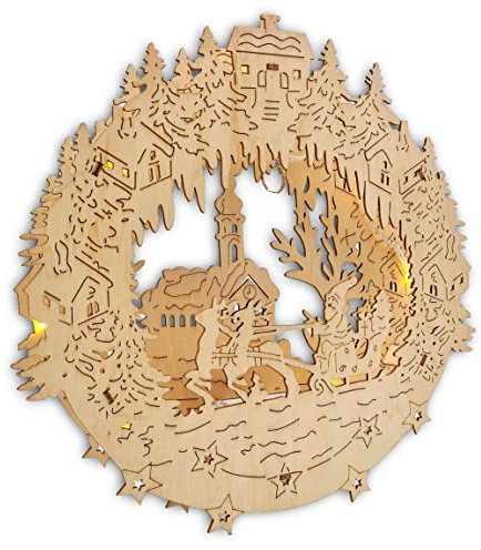 Wichtelstube-Kollektion LED 3D Fensterbild Weihnachtsabend Weihnachten Holz beleuchtet Weihnachtsdeko Fenster, Batteriebetrieben inkl. Timer, 30cm Durchmesser