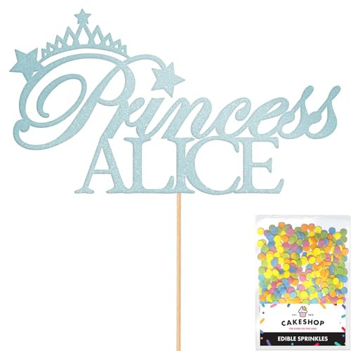 Personalised Birthday Princess Glitter Cake Topper- Light Blue Any Custom Name Glitter Cake Decoration and Sprinkles - Happy Birthday Decorations - Personalised Toppers for Cakes by Cakeshop