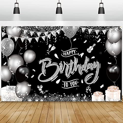 GRESATEK Silber Schwarz Geburtstagsbanner, Happy Birthday Banner Party Hintergrund für Geburtstagsdeko, Extra Großes Banner Deko Drinnen und Draußen Poster für Mann und Frauen