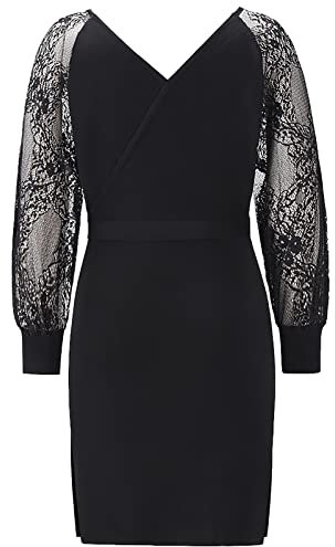aromm Strickkleid Damen Pullover V Neck Wickeln Stricken Langarm Spitze Ballon Ärmel Rückenfrei Kleid Schwarz,M
