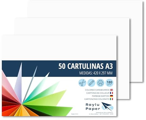 RAYLU PAPER – Tonpapier A3, 50 Stück Kartonpapier 180g/m², 297 x 420 mm, professionelle farbige Kartons für Büro, Kopierpapier, Buntes Papier zum Basteln (Weiß)