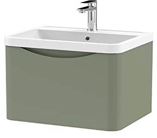 nuie LUN805 Lunar Modern Bathroom Wall Hung 1 Drawer Vanity Basin Unit & Polymarble Basin, 600mm, Satin Green
