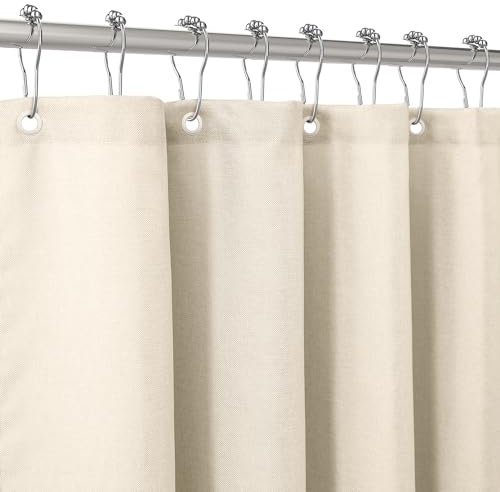 VANZAVANZU Tenda da Doccia Con Ganci in Metallo - Tessuto in Lino, Resistente, Impermeabile per Bagno, Stanza Bagnata, Vasca, Box Doccia - Orlo Ponderato - 92 x 182 cm (Beige)