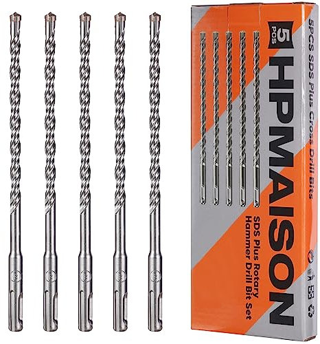HPMAISON SDS Plus Rotary Hammer Drill Bit Set 8mm x 210mm, 5PCS Cross Drill Bits Hammer Impact Drill Bit 4-Cutter Carbide Tips for Drilling Stone, Concrete, Brick Wall, Cement, Masonry